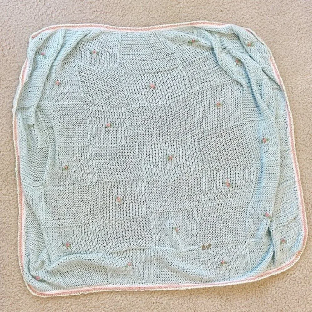 Vintage Blue Crochet Rosebud Handmade Blanket